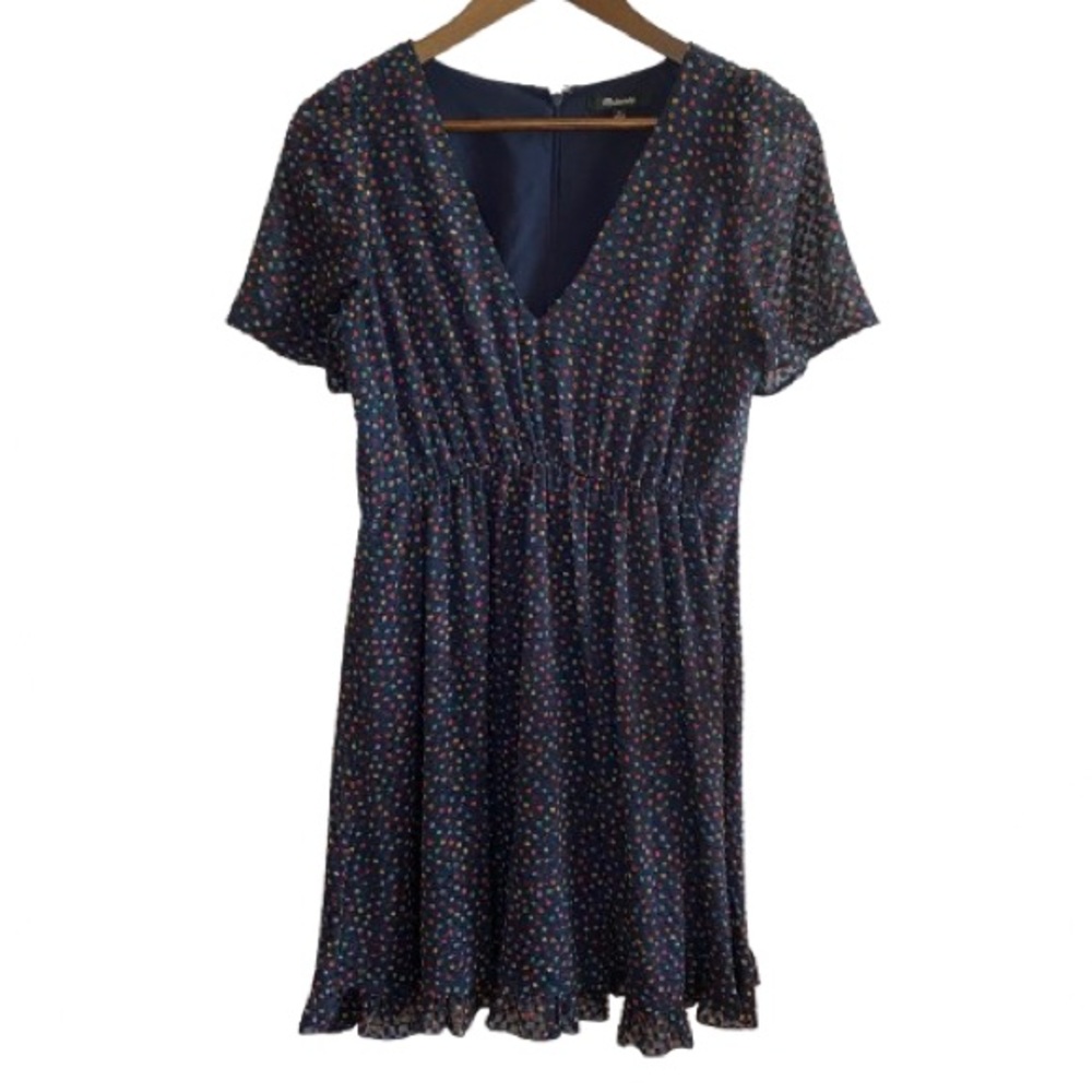Madewell chic and romantic navy dress with colorful polka dots.